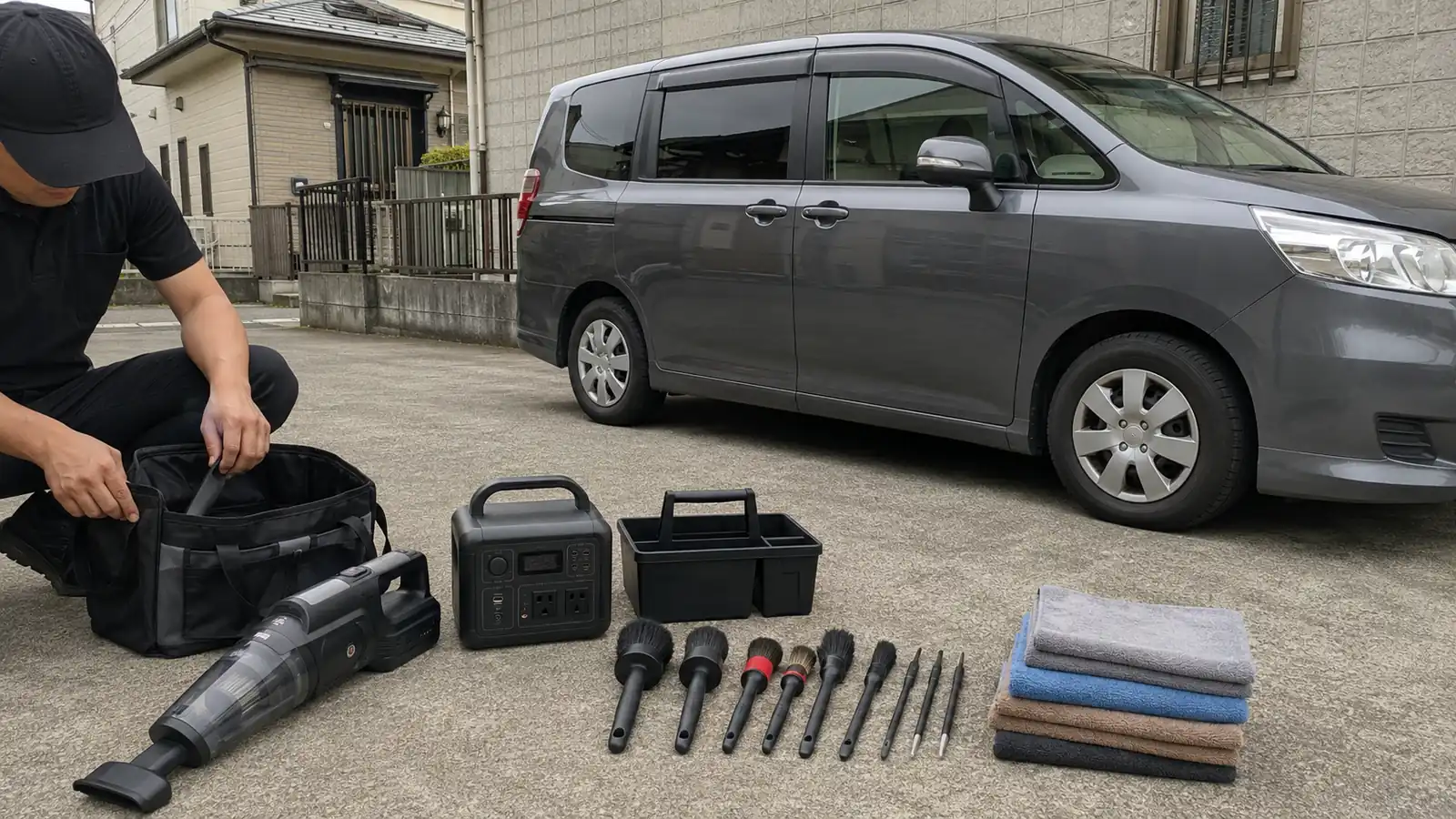車内清掃で持ち込む機材を駐車場に並べたところ。充電式掃除機、ポータブル電源、道具箱、太さの違うディテールブラシと細筆、色を分けたマイクロファイバークロスが並び、作業者が黒いツールバッグから道具を取り出している