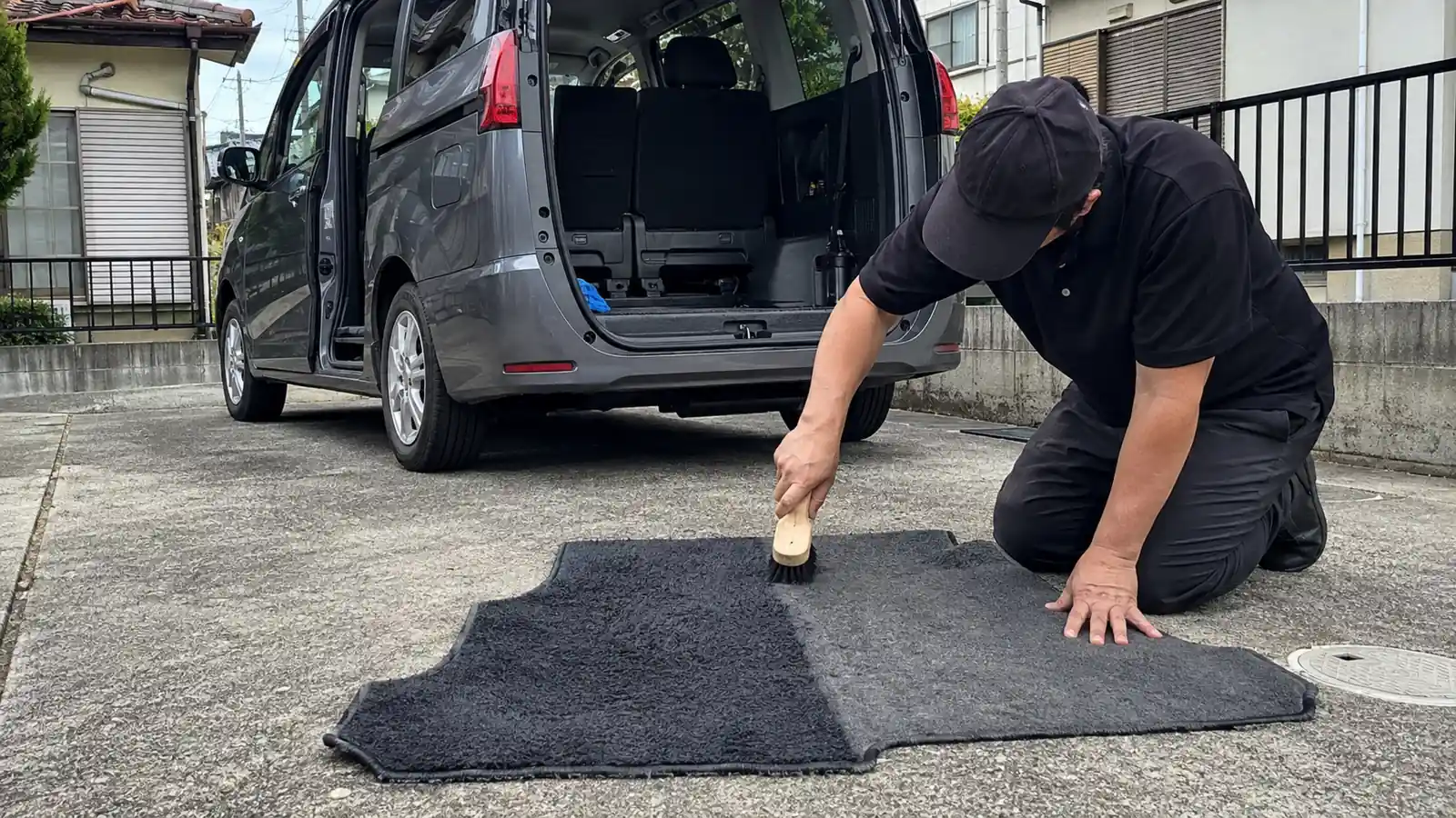 駐車場のコンクリート面に出したミニバンのフロアマットを、黒いポロシャツと黒いキャップの作業者が手ブラシで毛足を起こしているところ。奥にバックドアを開けたグレーのミニバンが停まっている