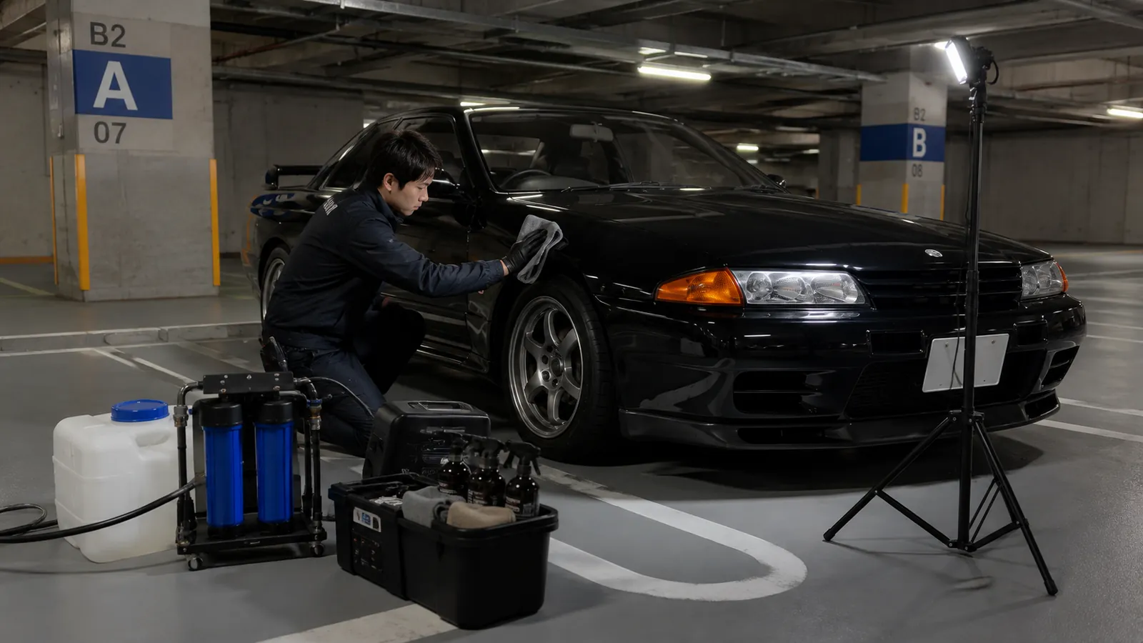 夜の屋根付き駐車場での作業の様子。LEDワークライトを車体側に向けて立て、黒い車の側面をクロスで拭き上げている。手前にはポータブル電源とケミカルを入れたボックスが並んでいる