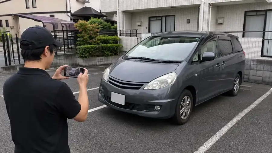 駐車場に停めたグレーのミニバンの前まわりを、作業前にスマートフォンで撮影しているところ