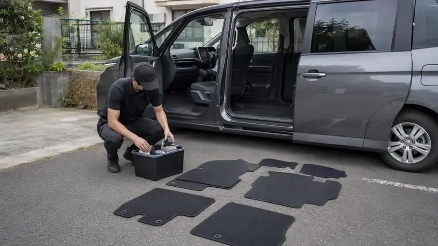 運転席とスライドドアを開けた車の脇に、車内から外したフロアマットを並べて置いたところ