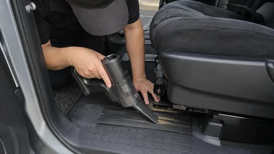 運転席の足元で、充電式掃除機に細いノズルを付け、シートレールに溜まった砂を吸い取っているところ