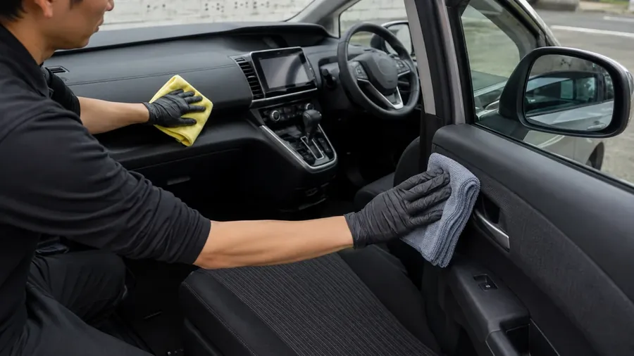 開けた運転席のドアから、ダッシュボードとドアの内張りをクロスで拭き上げているところ