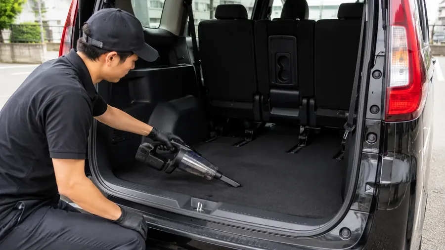 バックドアを開けたミニバンのトランクを、充電式掃除機で清掃しているところ