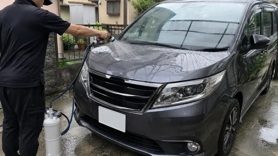 純水器につないだホースで、洗い終わったミニバンのボンネットとフロントガラスを上からすすいでいるところ
