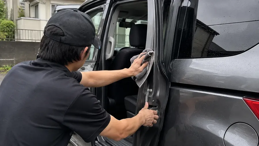 ドアを開け、ドアの内側と車体側のドア周りに残った水滴をマイクロファイバークロスで拭き取っているところ