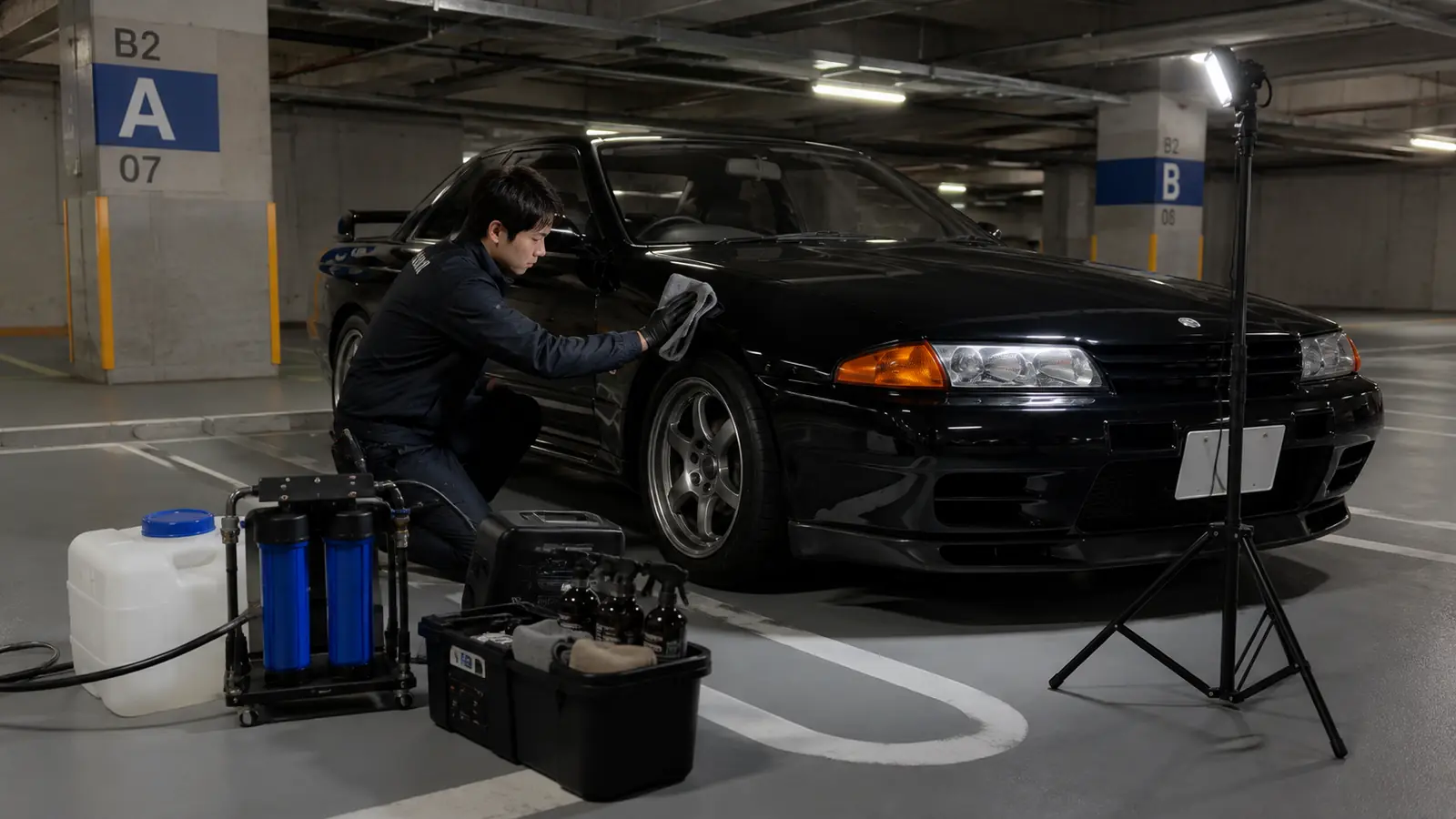 地下駐車場で、黒いスポーツカーのボディをクロスで拭き上げているところ。すぐ横にケミカルを入れたボックスとポータブル電源、工具箱を並べ、LEDワークライトのスタンドで手元を照らしている